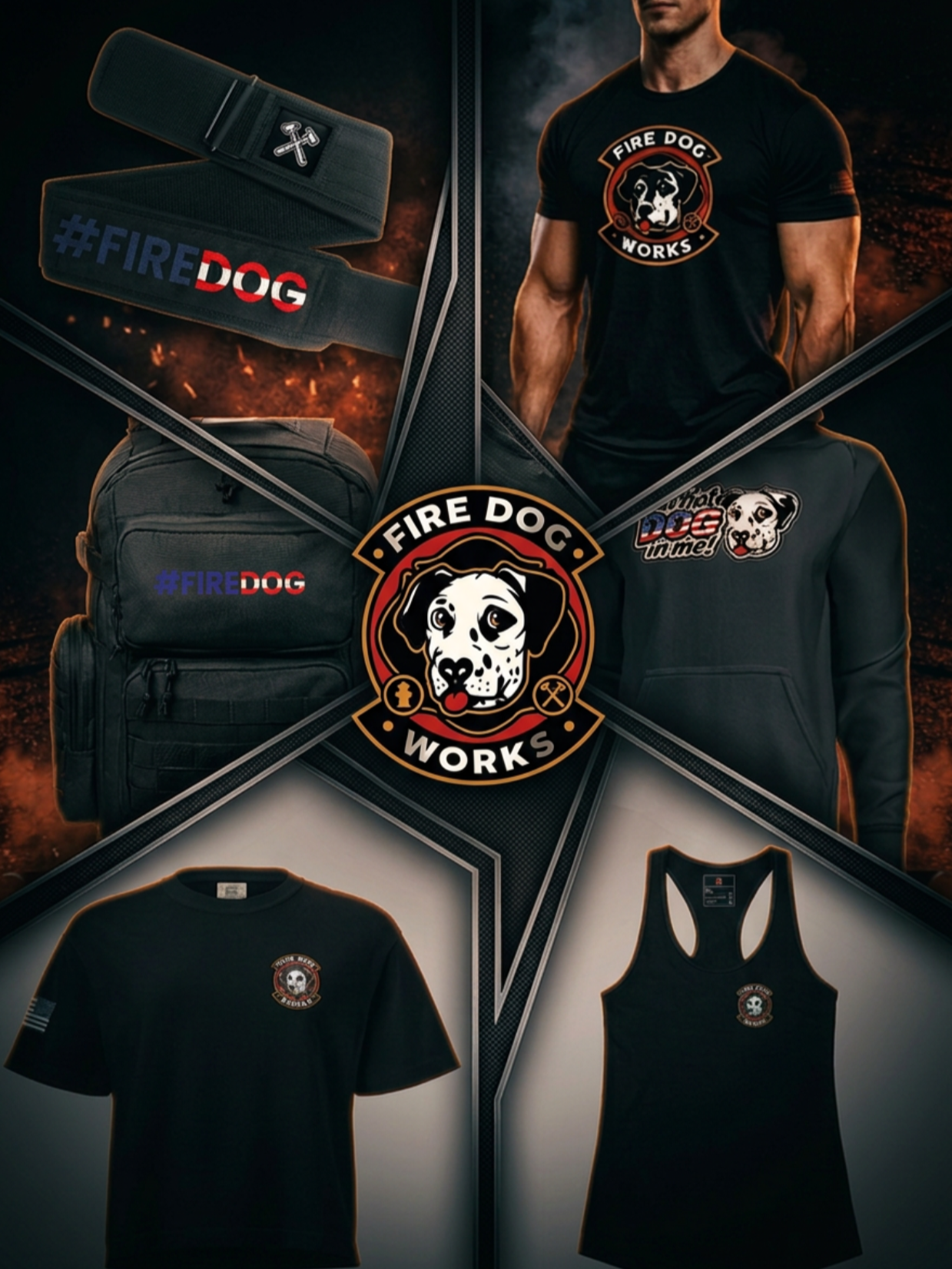 Image collage featuring Fire Dog Works branding and merchandise, including patches, a belt, backpacks, a T-shirt, a tank top, and various embroidered patches, all with a Dalmatian dog logo.