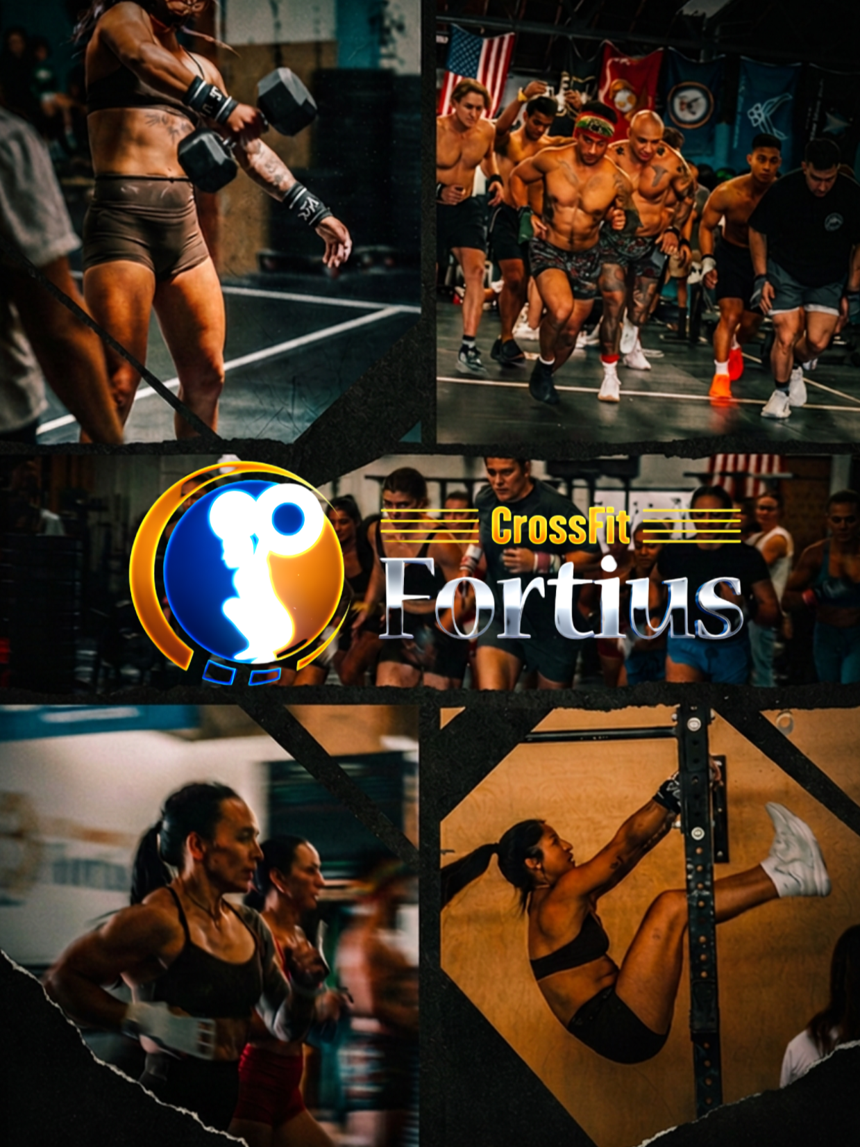 Collage of images showcasing CrossFit athletes performing various workouts and exercises, with a central CrossFit Fortius logo.