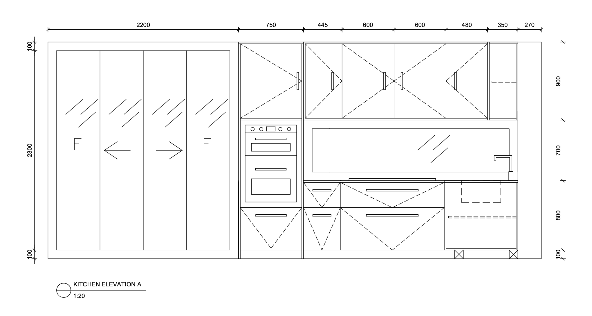 Blueprint drawing of a kitchen layout with cabinets, oven, sink, and dimensions.