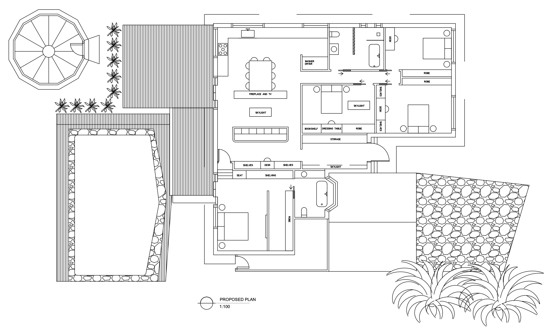Architectural floor plan of a house with outdoor pool, garden, patio, and several rooms including bedrooms, bathrooms, kitchen, living room, and workspace.