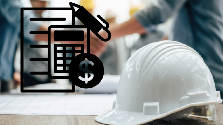 Construction helmet and an overlay icon of a document, calculator, pen, and dollar sign on a desk with blurred people in the background.