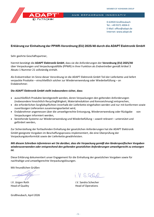 Erklärung zur Einhaltung der PPWR-Verordnung