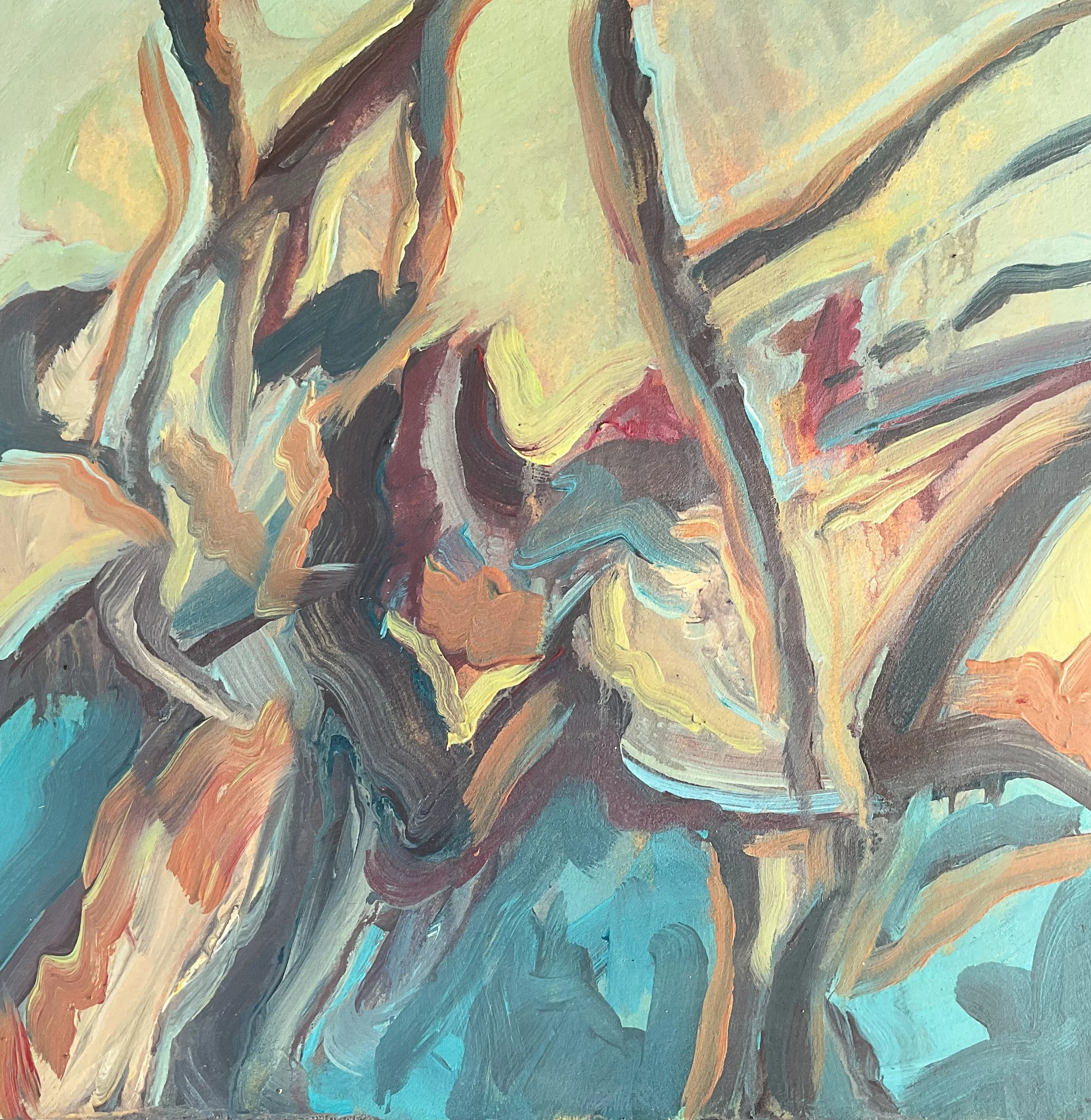 “Faultline Bloom,” an acrylic painting executed in a single sitting, captures the dynamic energy of unstable terrain. The interplay of land, light, and time is palpable as forms fracture and collide in a layered composition of blue and ochre. These h