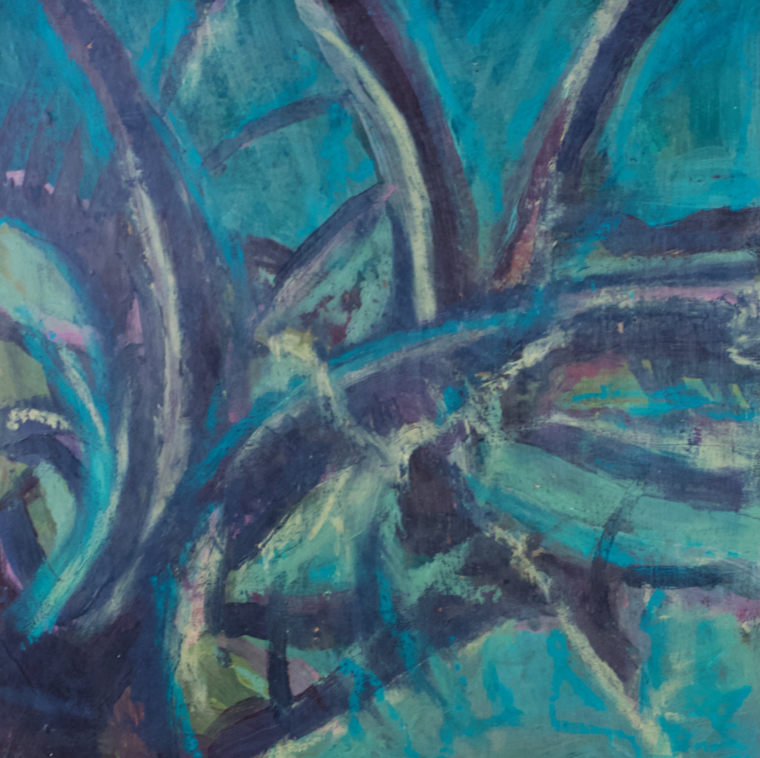 This 10x10 inch mixed media painting explores the intersection of movement and form through a contemporary futurist lens. Created with acrylics and oil pastels on handmade panel, the work captures the fragmentation of motion through bold turquoise an