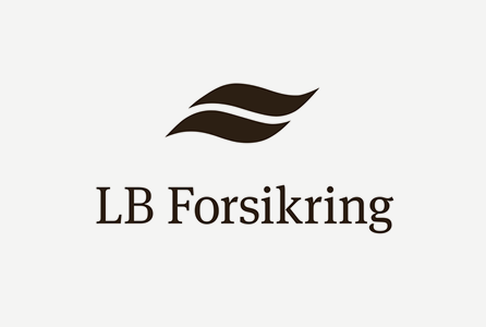 Logo with two stylized black leaves and the text 'LB Forsikring'.