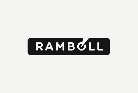The logo of Ramboll, a company name in white letters on a black rectangle background with a stylized check mark crossing the letter 'O'.