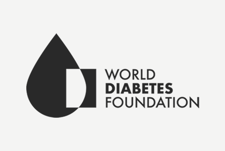Logo of the World Diabetes Foundation featuring a black drop shape with a white rectangle inside and the words 'World Diabetes Foundation' to the right.