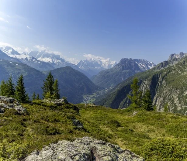 Mountain landscape with green hills, trees, and snow-capped peaks under a blue sky.