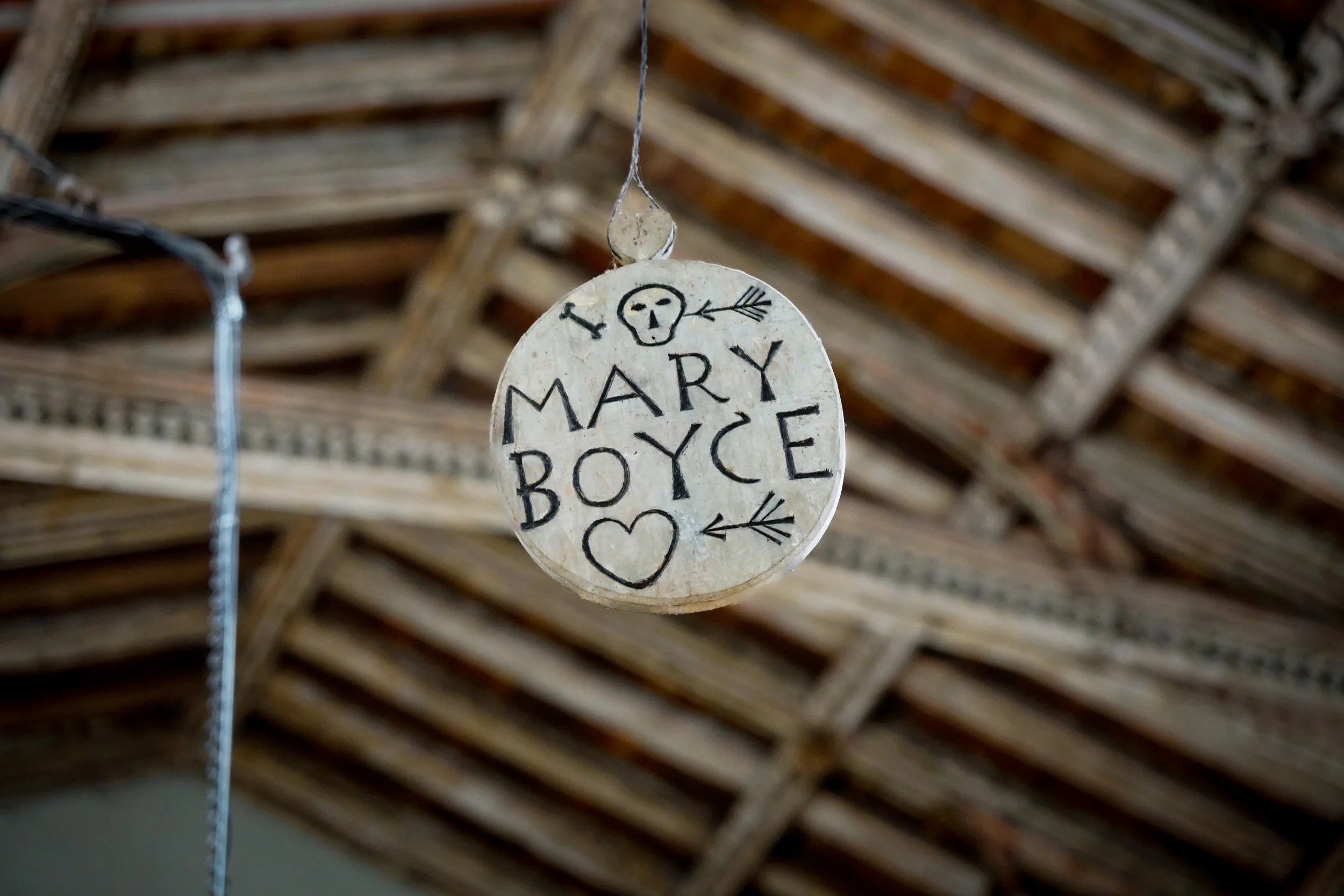 An unusual memorial crant or garland for Mary Boyce, who died in 1685. St Mary, Walsham le Willows, Suffolk.