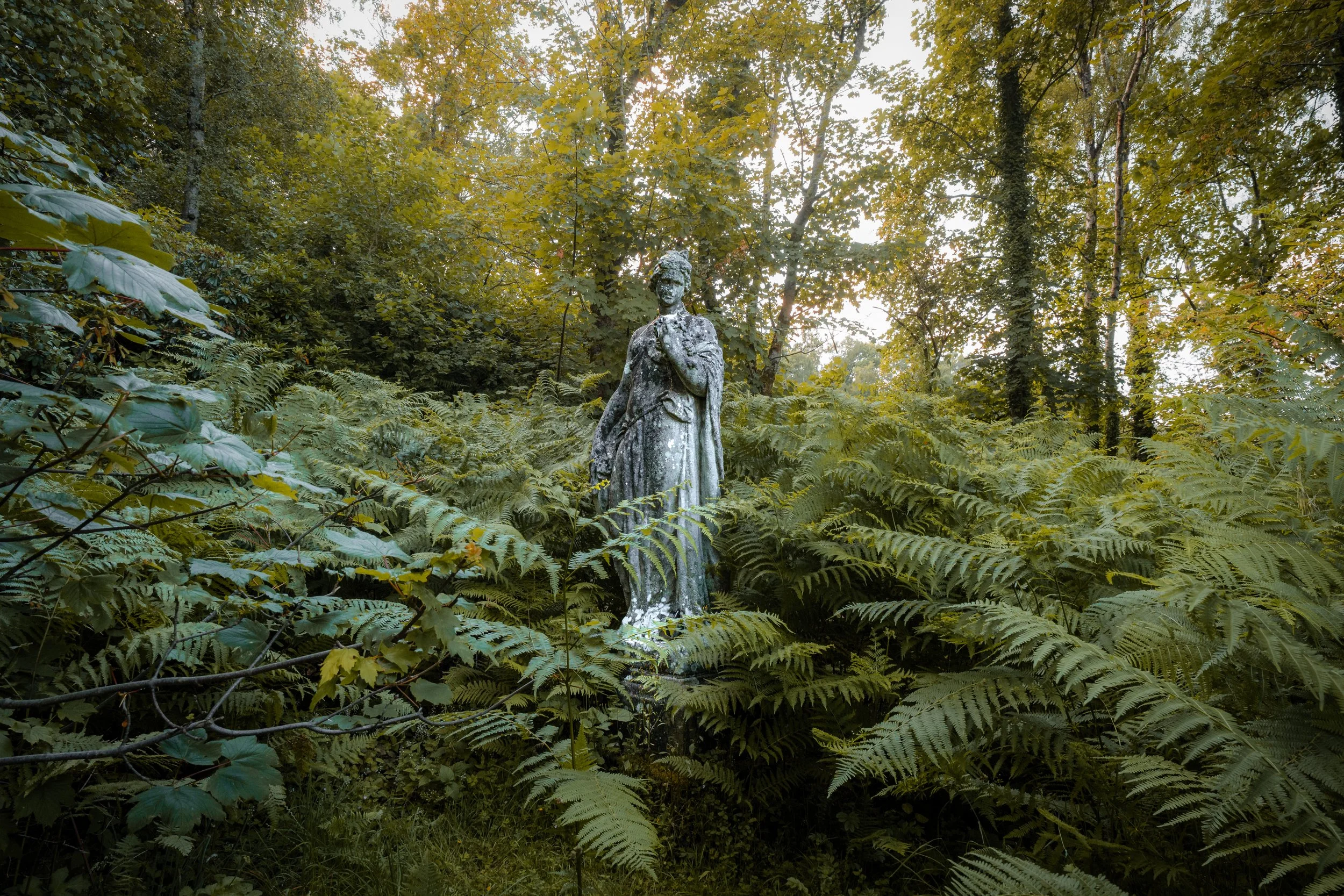 Fair Flora, a statue commemorating a murdered young woman. Its erection in the gardens of Stoke Hall brought bad luck to the property so it was relocated to a nearby woodland. Stoke Wood, Grindleford, Derbyshire.