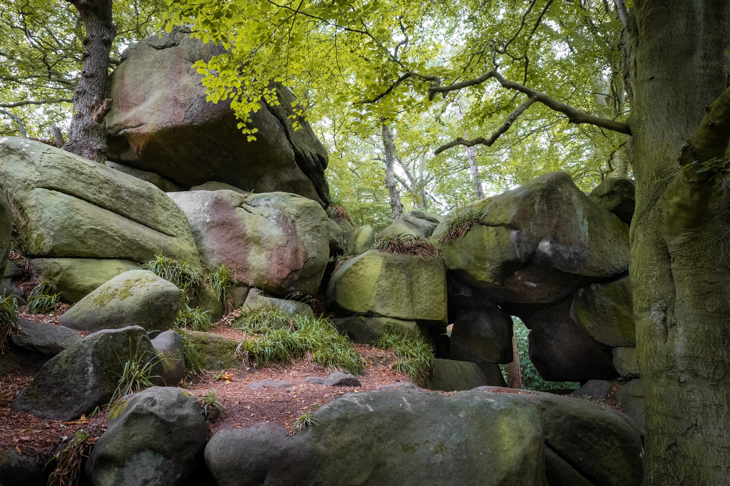 Rowtor Rocks, a gritstone ridge transformed into a grotto and tourist attraction by eccentric clergyman Thomas Eyre (who was believed to dabble in witchcraft). Birchover, Derbyshire.