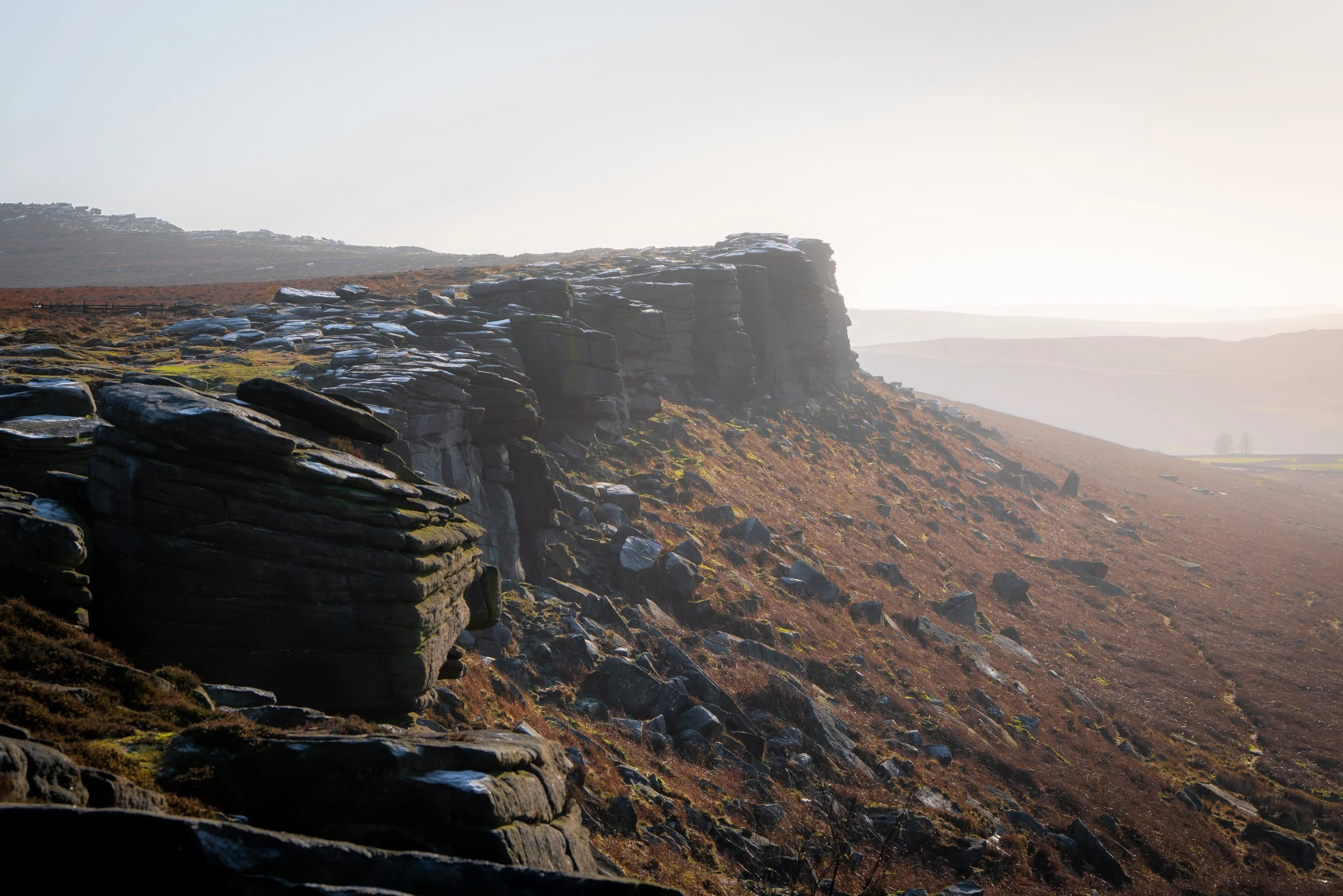 Stanage Edge in the Peak District, looking towards Robin Hood's Cave. Derbyshire.