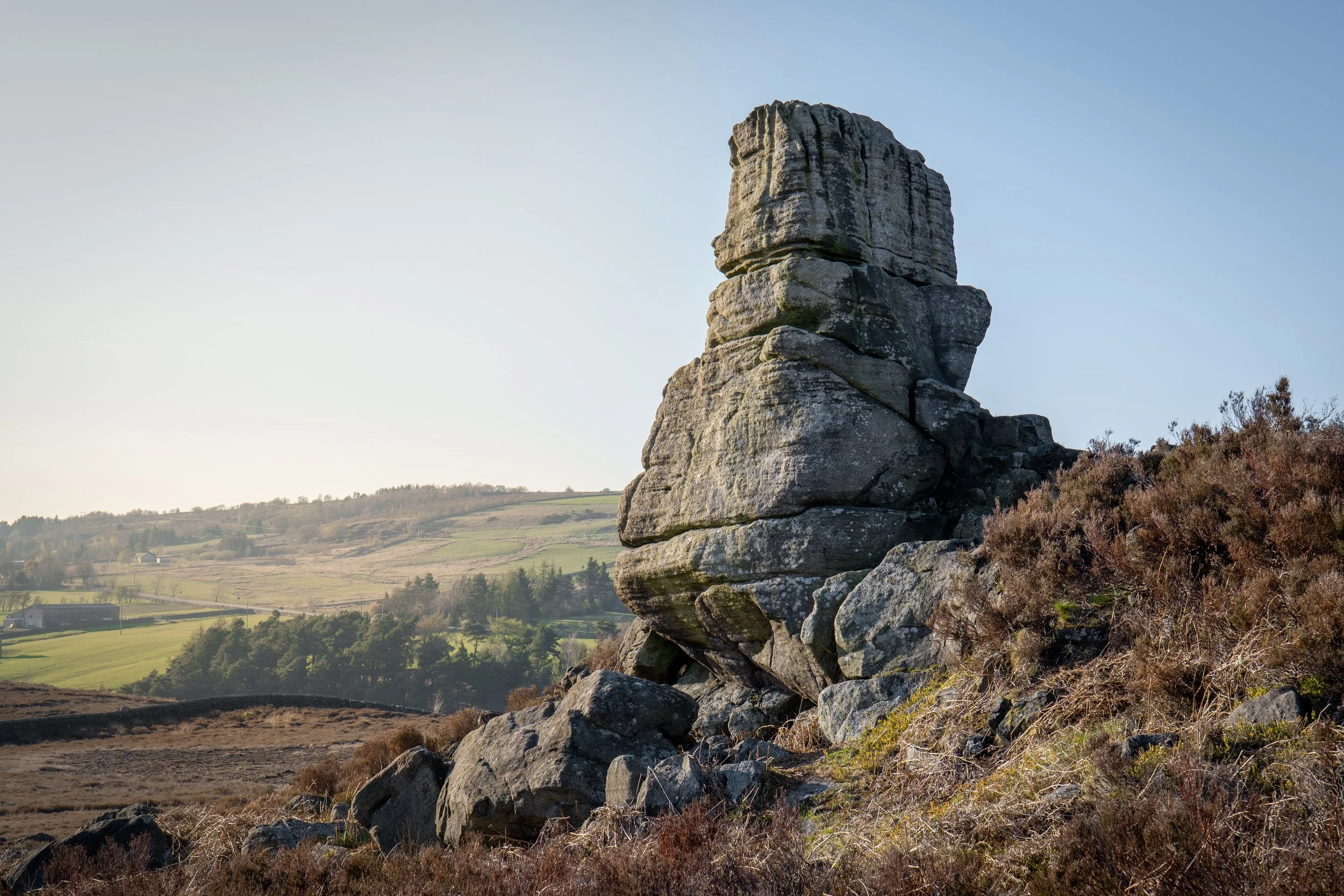 The Head Stone, Stump John, or the Cock-Crowing Stone, which is known to rotate at sunrise. Hallam Moors, South Yorkshire.