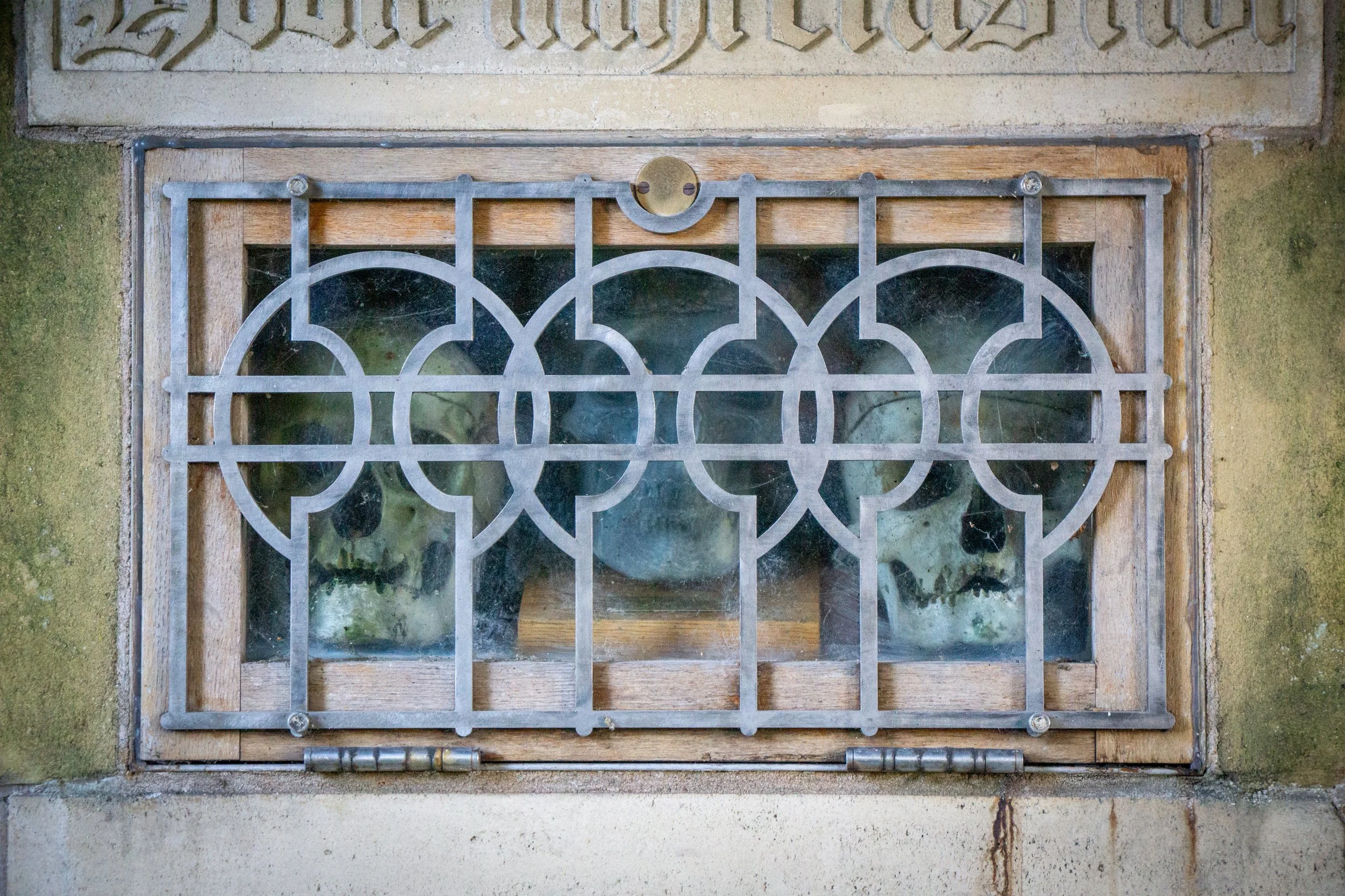Lychgate skulls, rumoured to belong to three sheep rustlers. St Wilfrid, Hickleton, South Yorkshire.