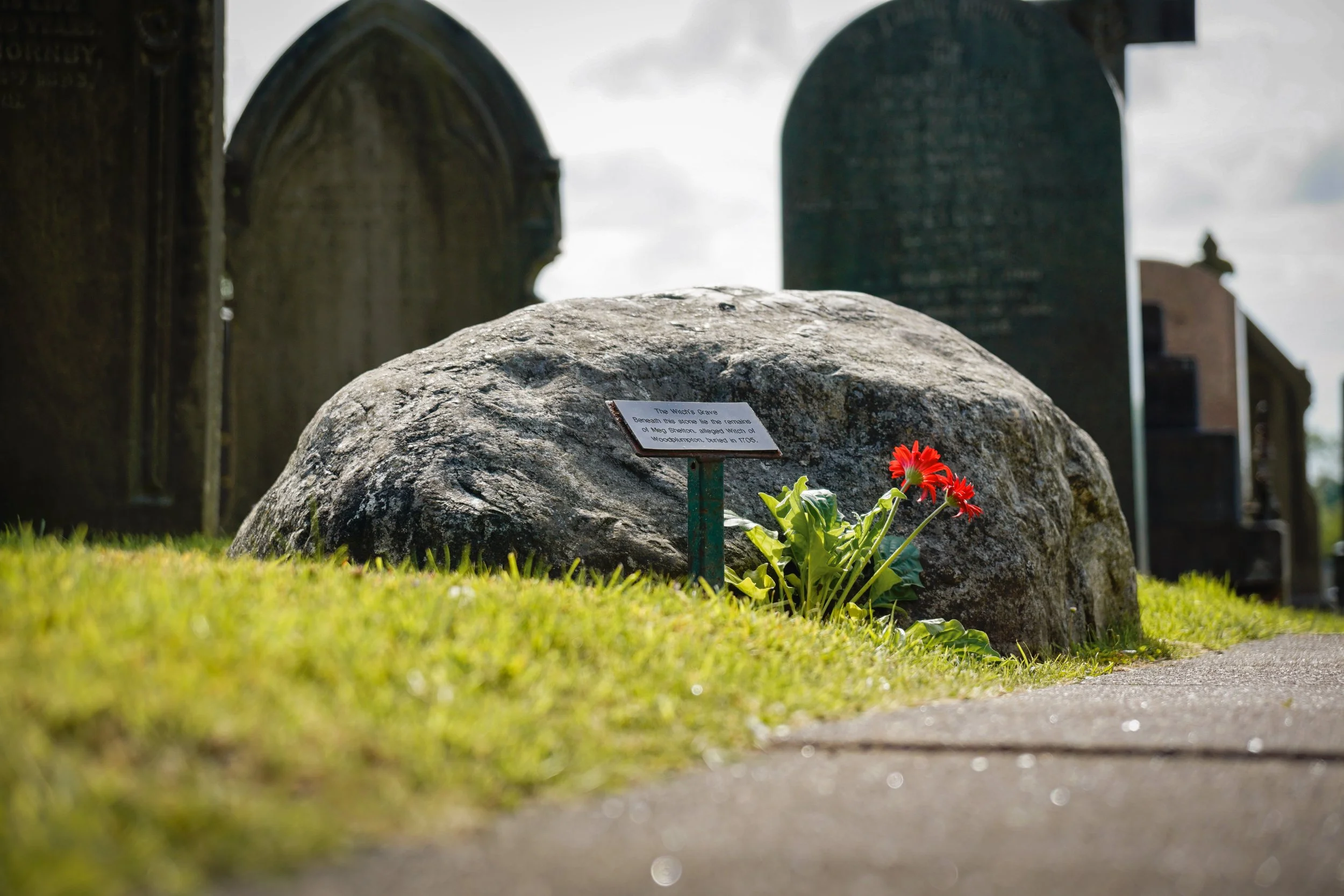 The grave of alleged witch Meg Shelton, aka the Fylde Hag, who died in 1705. She was purportedly buried vertically, head-first. St Anne, Woodplumpton, Lancashire.