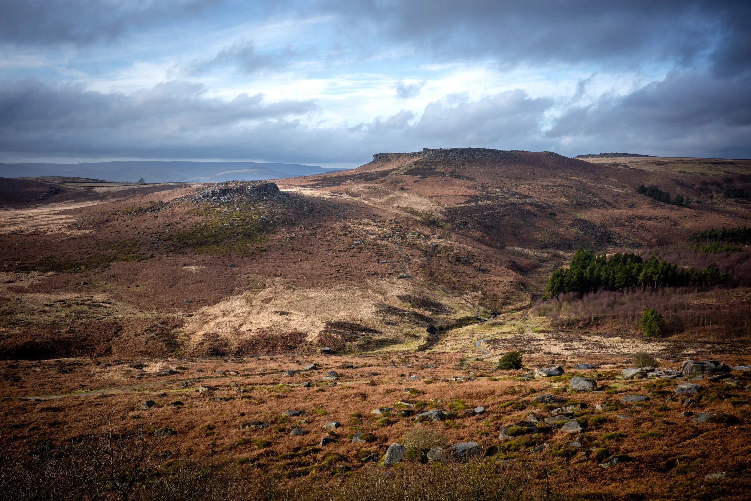 Carl Wark, a rocky promontory and possible Iron Age hill fort believed to be an outpost of the devil. Hathersage Moor, Derbyshire.