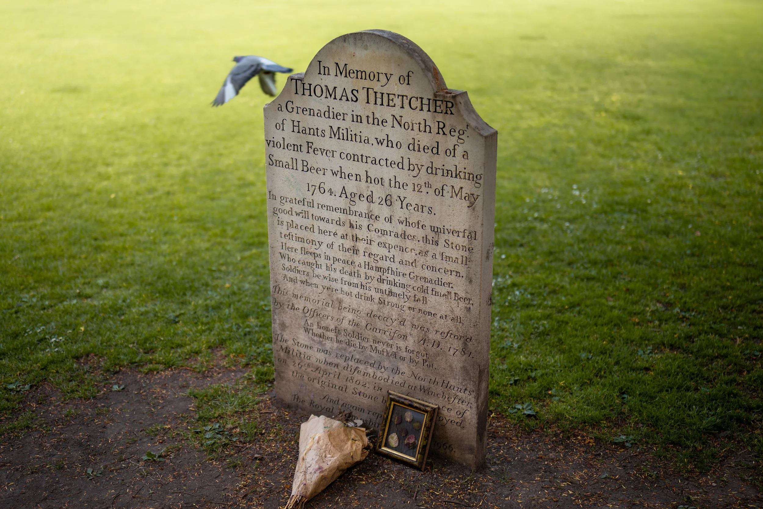 Gravestone of Thomas Thetcher, who died of drinking 'small beer', which inspired co-founder Bill Wilson to create Alcoholics Anonymous. Winchester Cathedral, Hampshire.