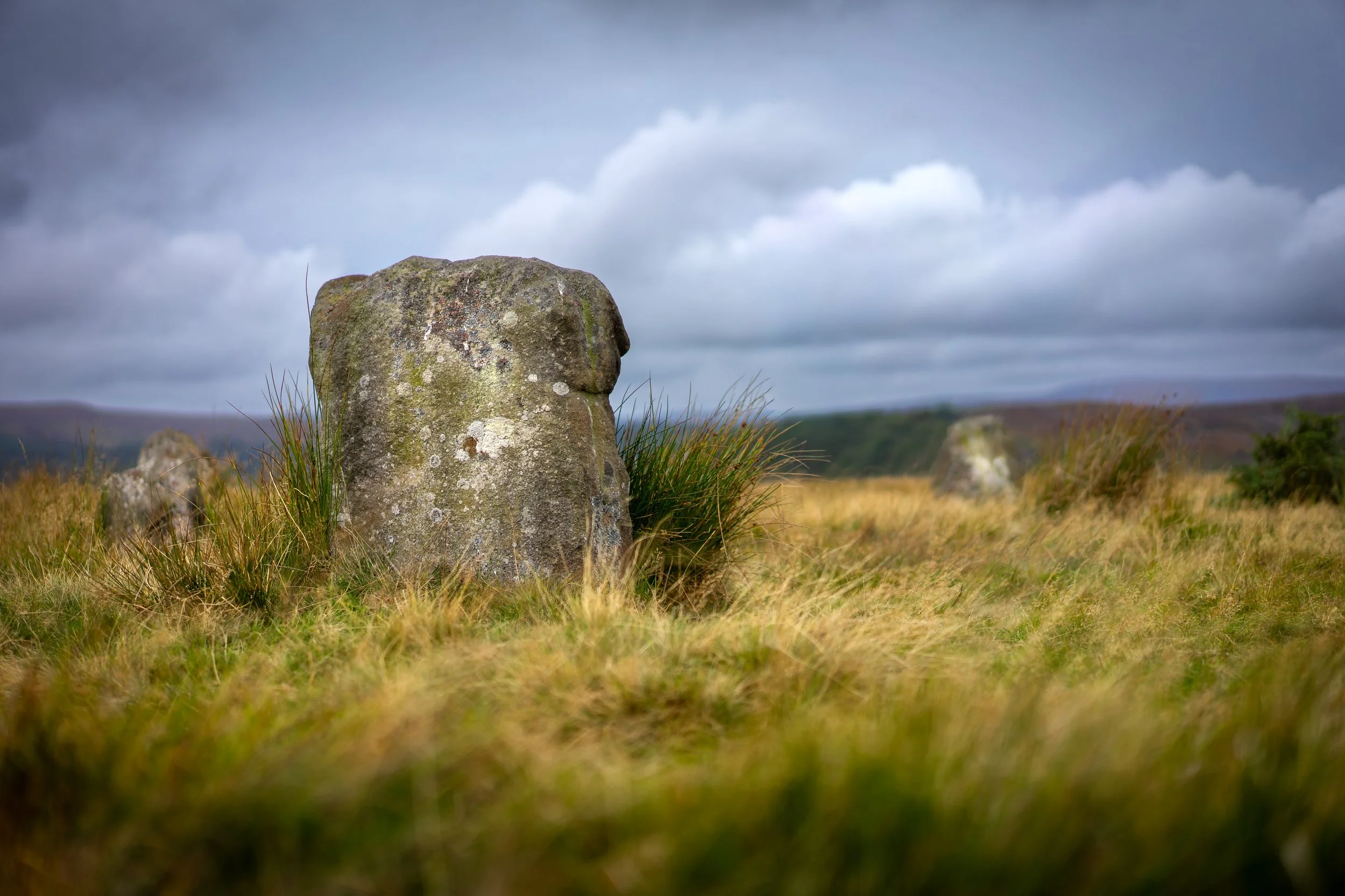 The Seven Stones of Hordron. The largest stone – aka the fairy stone – is associated with strange lights. Hordron Edge, Derbyshire.