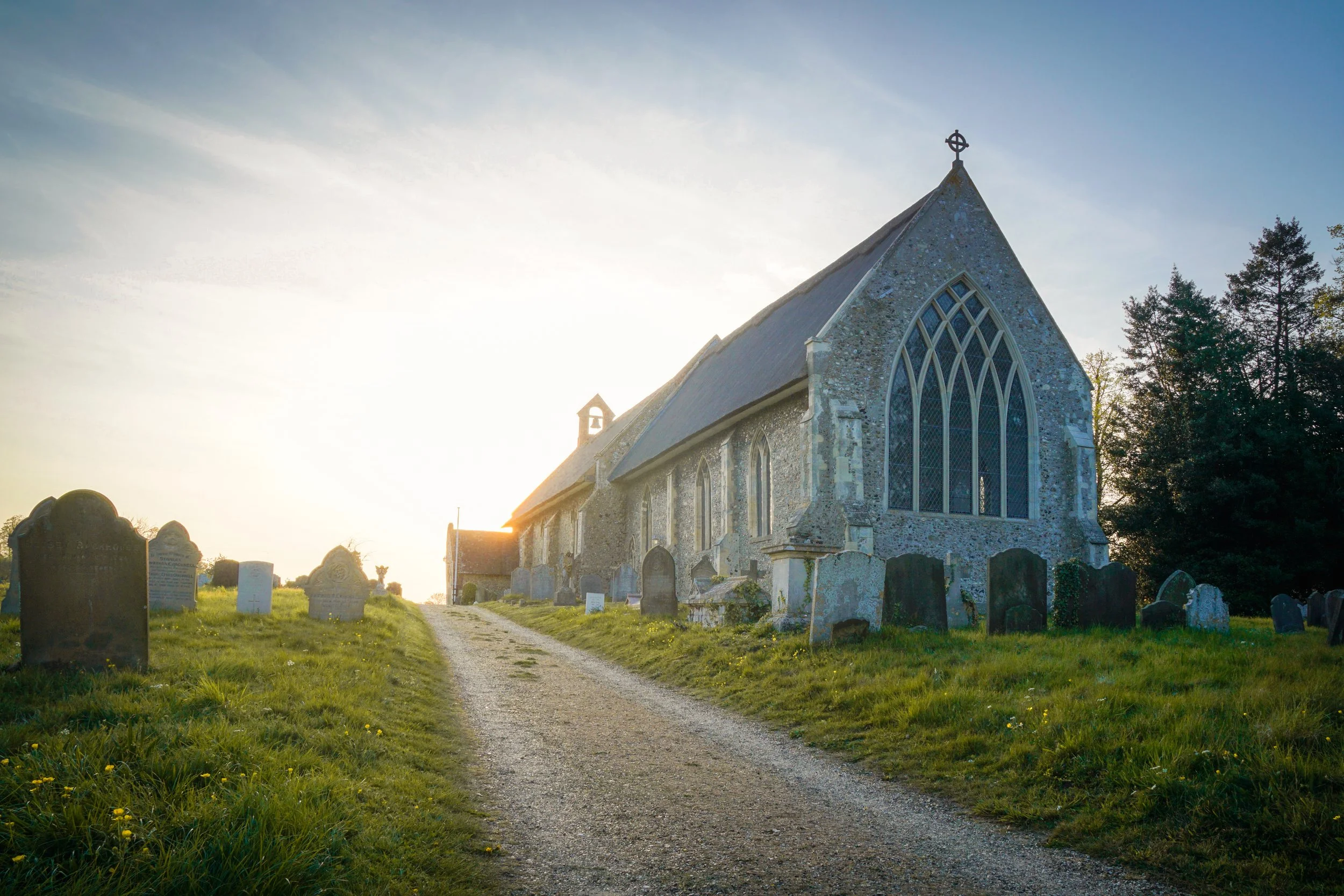 A church whose graveyard contains a witch stone, visited on Walpurgis Night. St Peter, Westleton, Suffolk.