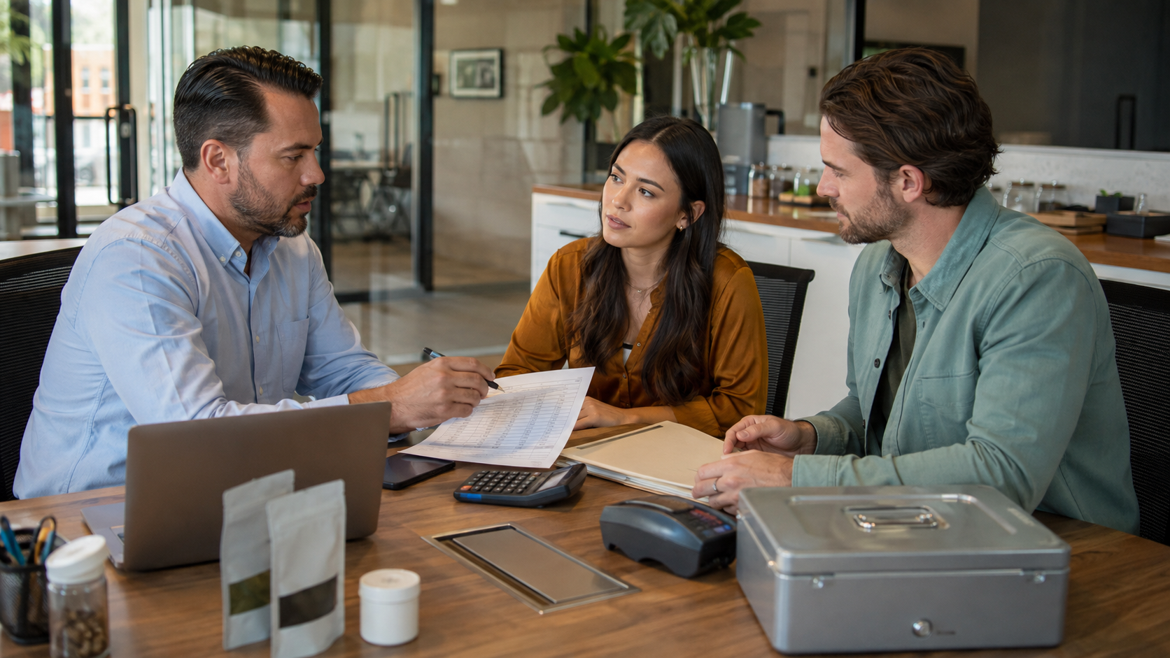 Cannabis business representatives meet at a conference table with payment devices, packaged products, and financial documents, illustrating banking strategy and financial services planning.