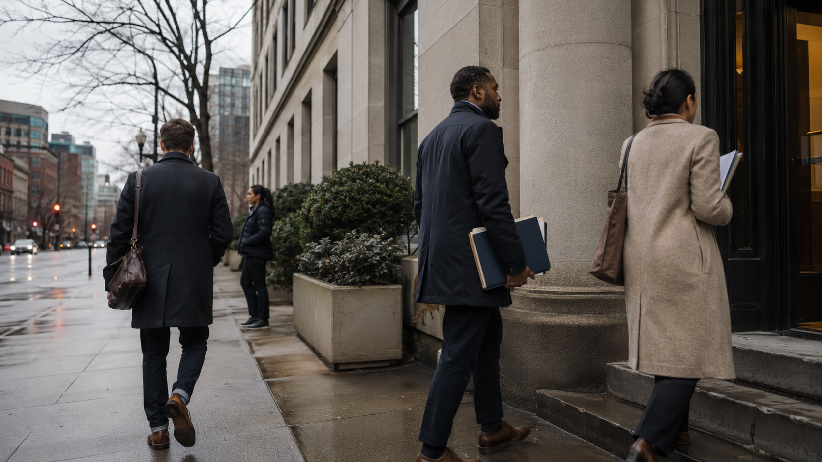 Professionals entering a government building with documents in hand, illustrating Massachusetts cannabis commission reform, the appointment of new commissioners, and shifting state oversight of the cannabis market.