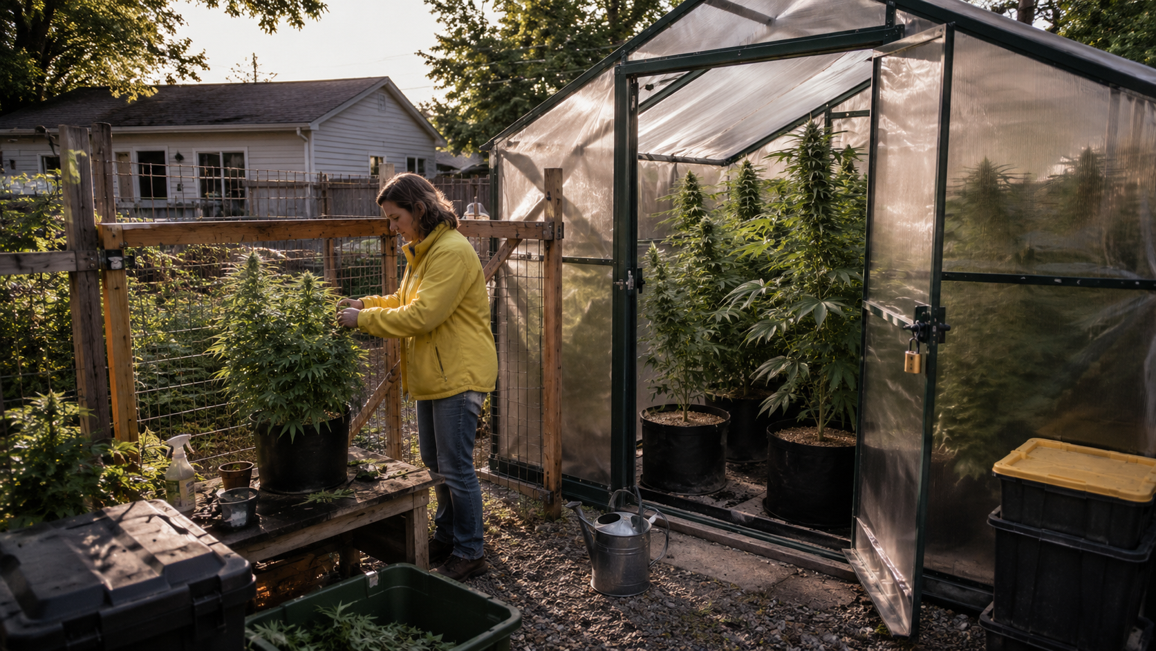 A person tends cannabis plants in a backyard greenhouse, illustrating rising homegrow participation among South Dakota medical cannabis patients seeking affordable access and supply control.
