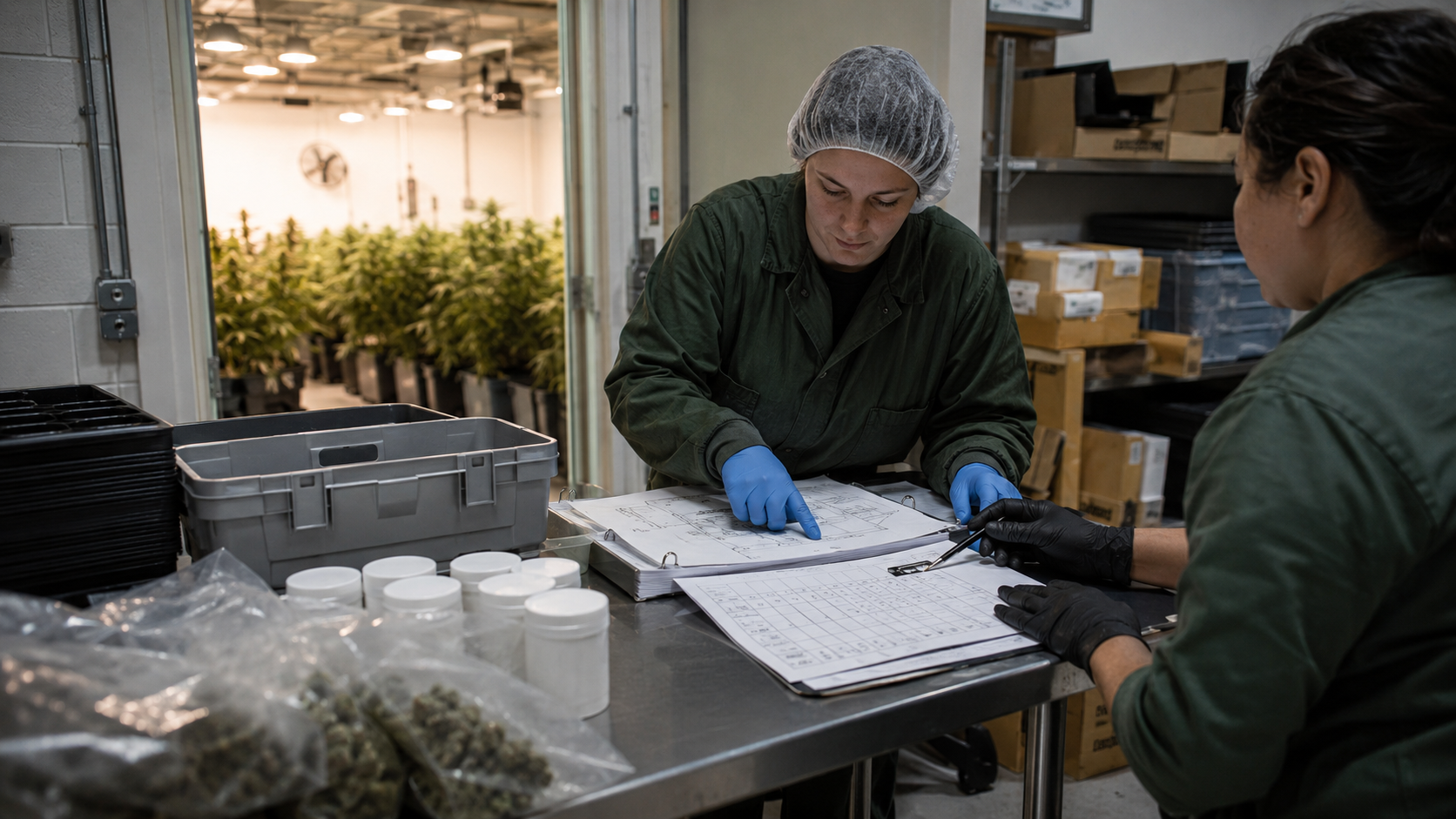 Two cannabis workers review cultivation paperwork and production records beside packaged flower and supplies, illustrating compliance review, cost control, and labor related operational pressure in the legal cannabis industry.