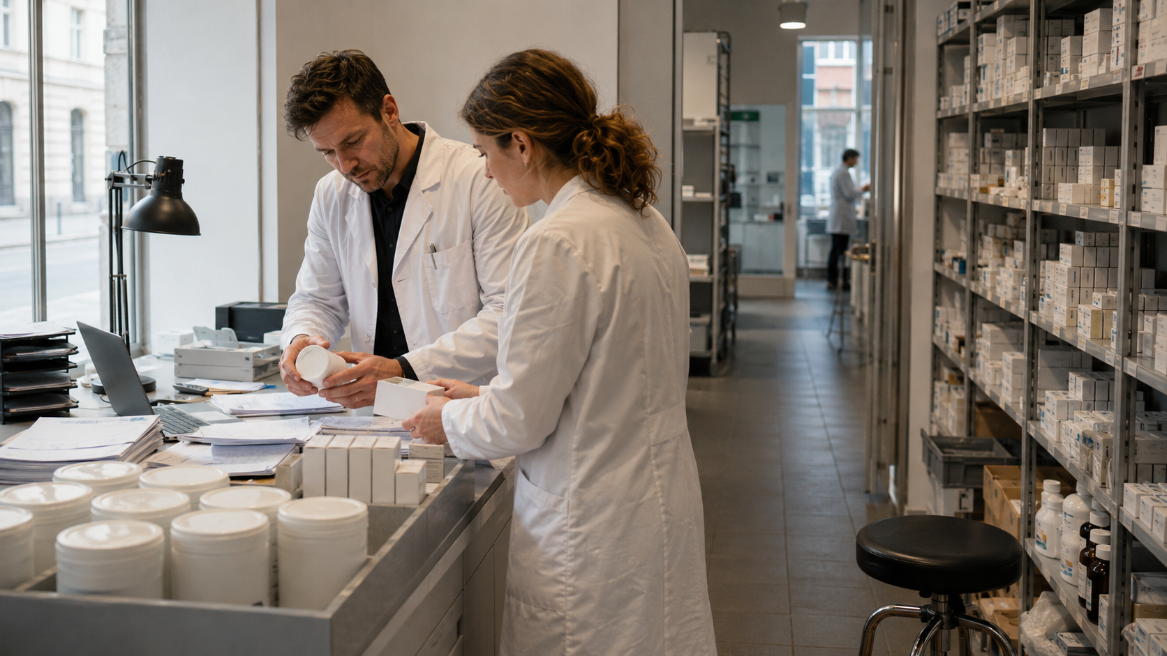Two medical cannabis professionals review packaged products and inventory in a clinical dispensary setting, illustrating compliance checks and product oversight in Germany’s regulated medical market.