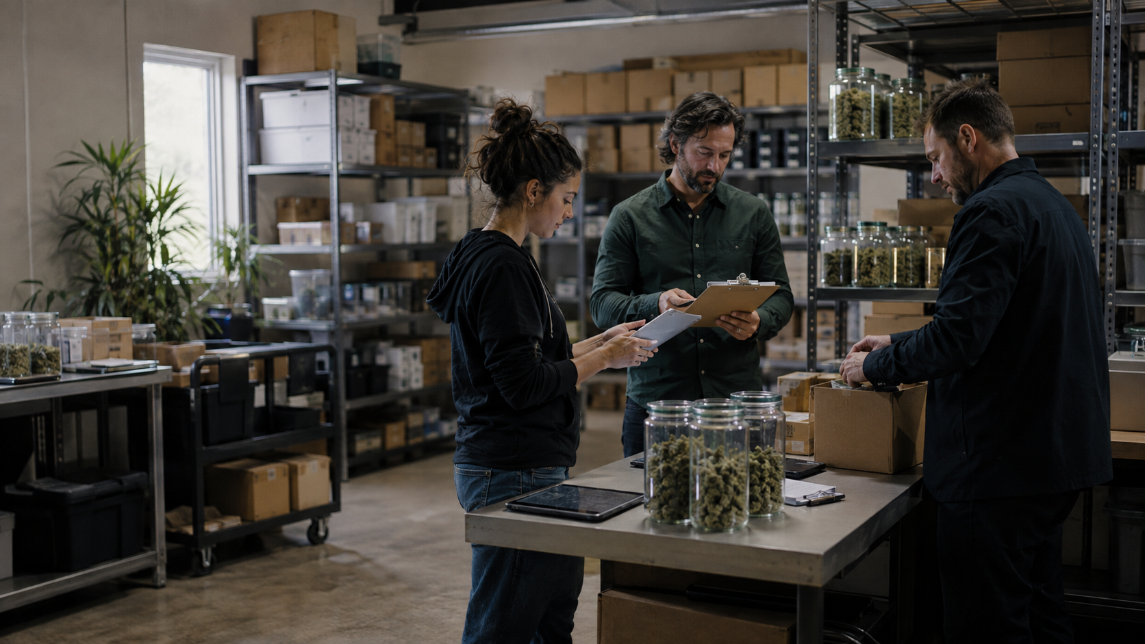 Cannabis employees check inventory, complete operational records, and review compliance documents in a New Jersey facility, illustrating how labor conditions can affect licensing and daily operations.