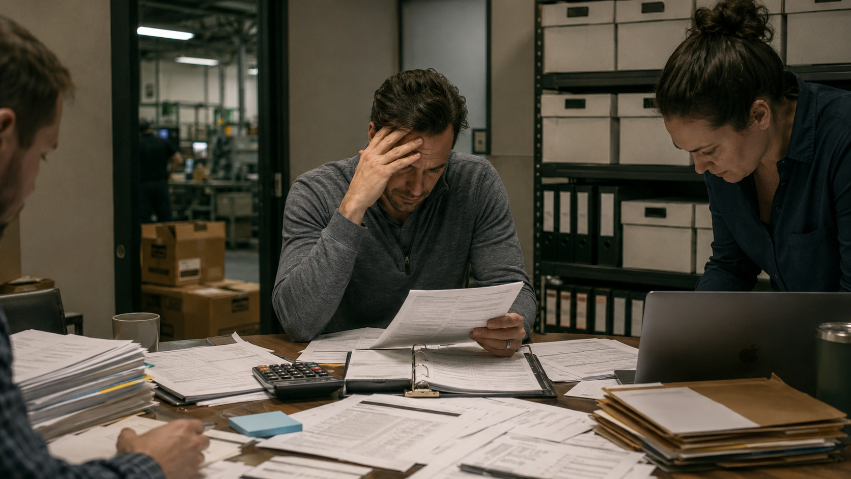 Cannabis operator reviewing stacks of financial and tax records in a document archive room, illustrating 280E audit pressure, refund disputes, and federal tax enforcement.