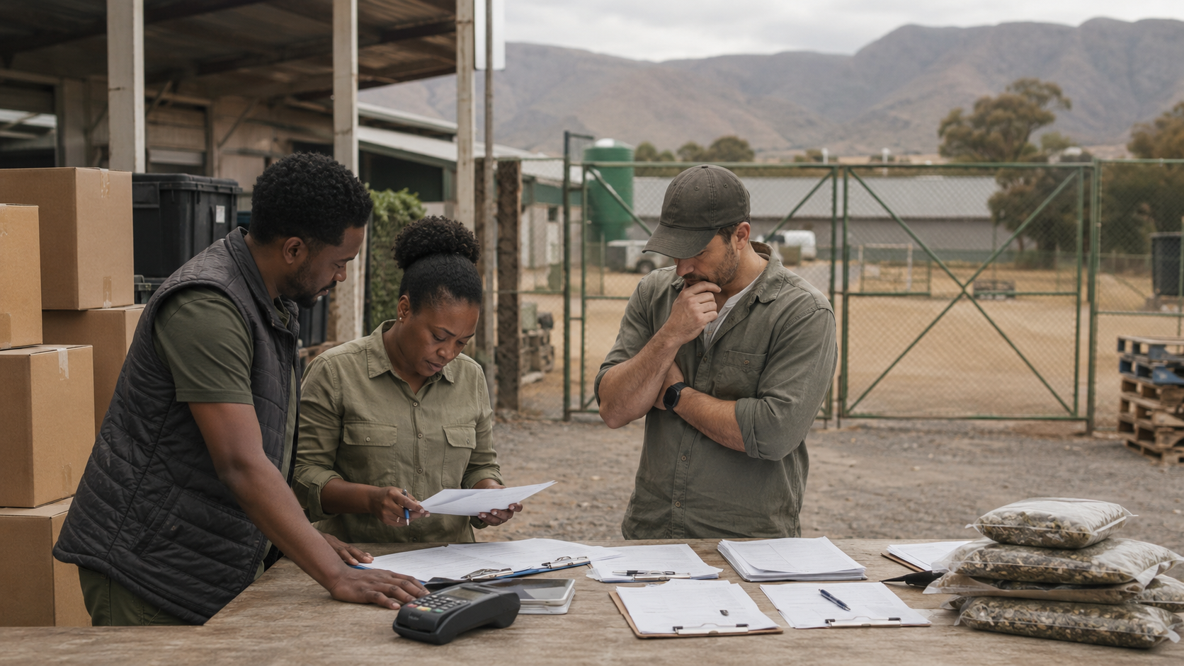 Cannabis operators examine documents and payment records outside a processing site, illustrating compliance burdens, unclear legal pathways, and business barriers in South Africa’s cannabis industry.