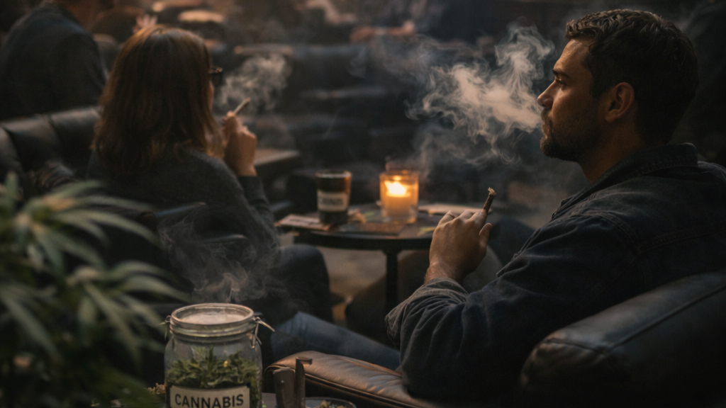 People in a cannabis lounge watching a Washington state committee hearing on adult use cannabis bills and regulated consumption rules