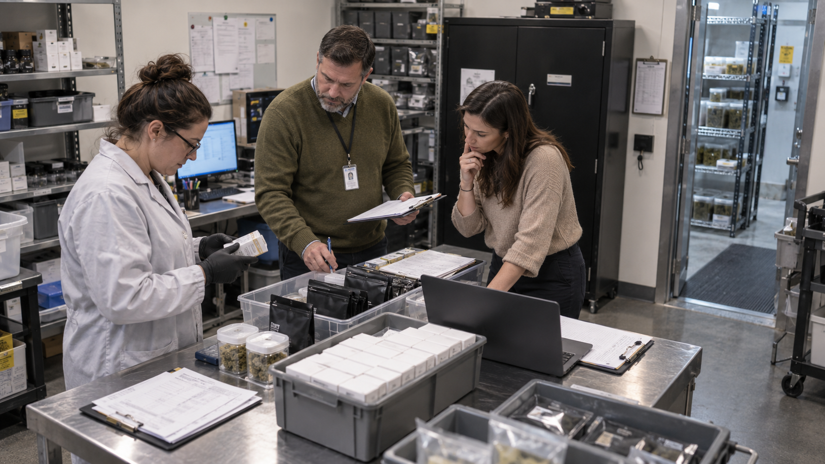 Medical cannabis facility staff reviewing products, records, and inspection procedures as Pennsylvania considers stronger oversight and standardized enforcement.