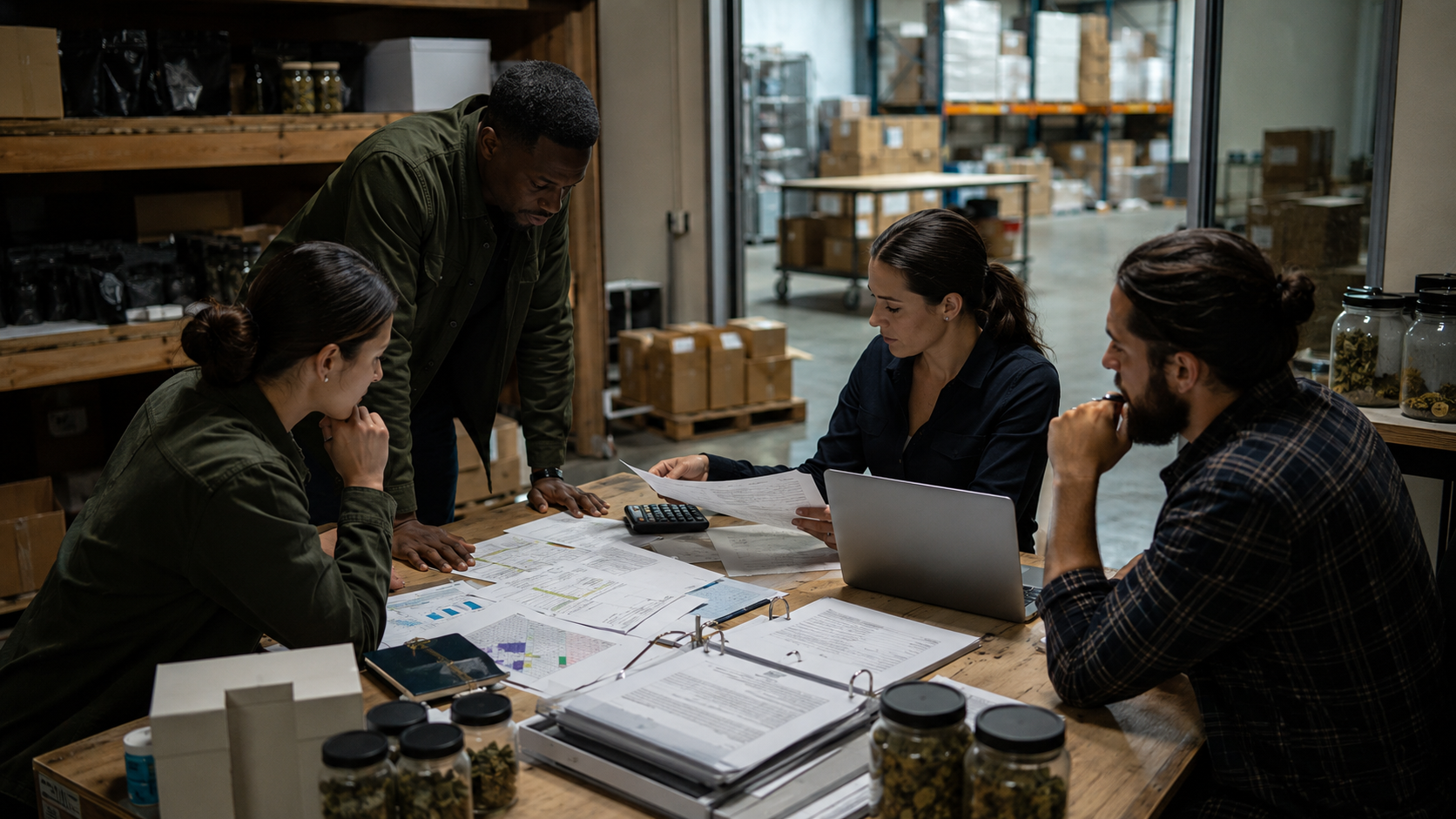 A group of cannabis business staff reviews reports, spreadsheets, and compliance documents at a warehouse table, illustrating operational planning, regulatory risk, and business impact analysis ahead of the federal rescheduling hearing.