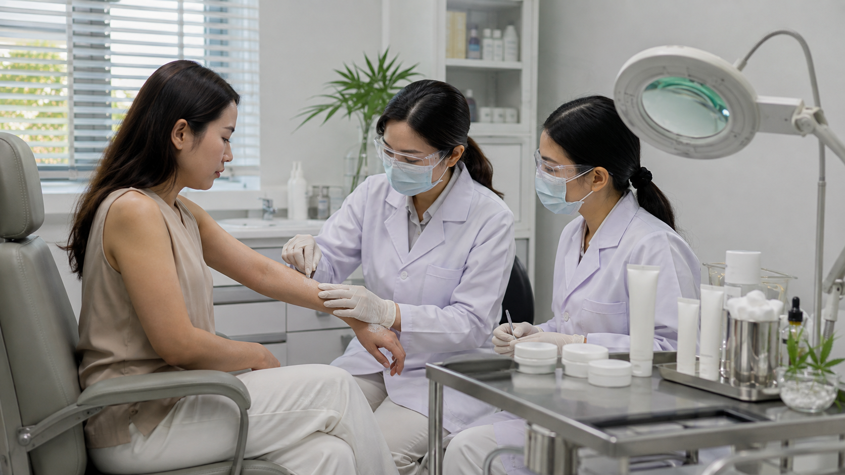 A skincare patient sits with clinicians during a dermatology-style consultation and arm application test, illustrating clinical evaluation of a CBD topical formulation for acne-related skin treatment.