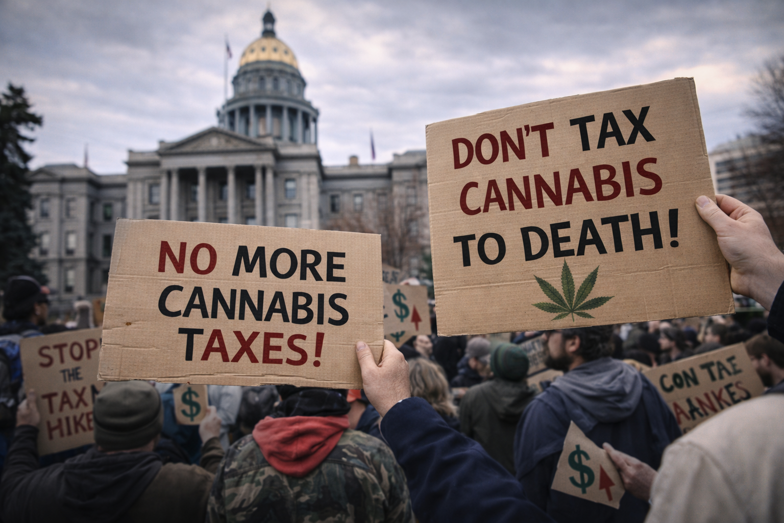 Protesters outside the Colorado State Capitol holding signs opposing higher cannabis taxes
