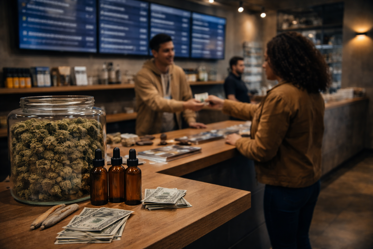 Customer buying cannabis products at a New York dispensary counter with flower jars, tincture bottles, and cash.