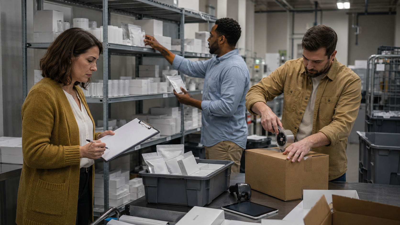 Compliance staff review cannabis packaging, product records, and inventory inside a Missouri facility after regulators recalled products containing chemically modified or synthetically derived cannabinoids.