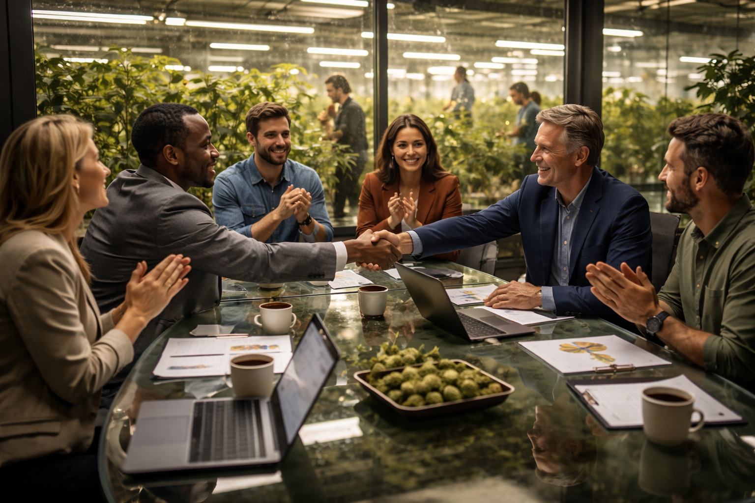Executives shaking hands after a California cannabis acquisition focused on consolidation and operational efficiency.