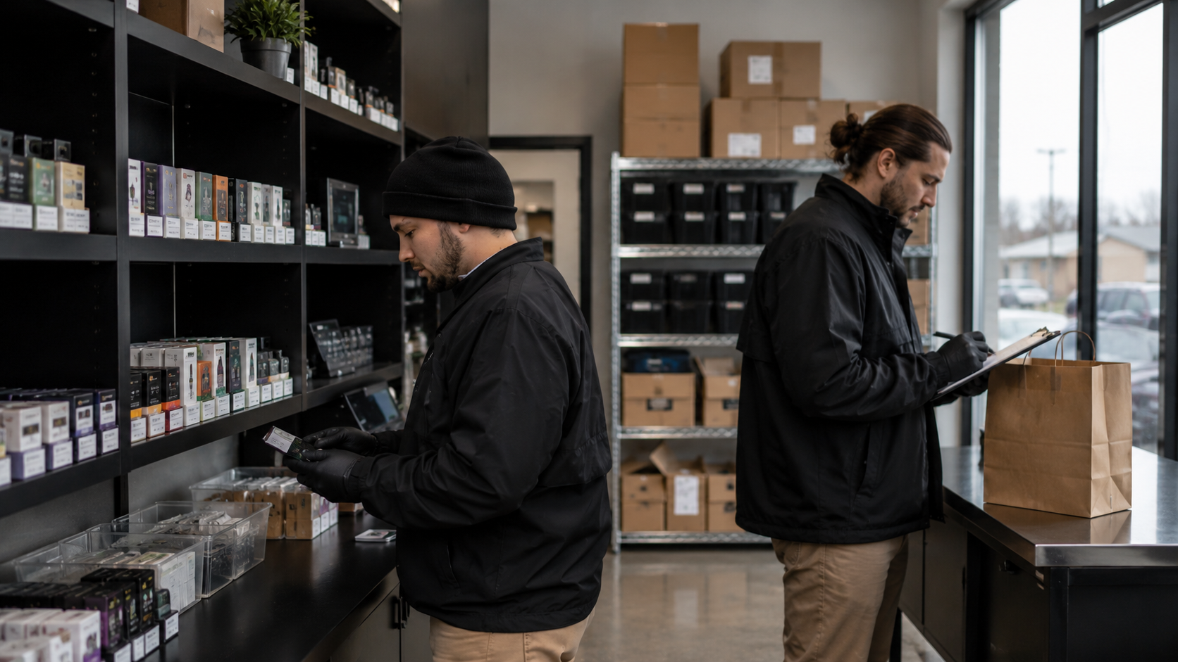 A retail staff member reviews boxed vape and hemp product inventory inside a cannabis store, illustrating Illinois compliance checks, product oversight, and new rules for intoxicating hemp sales.
