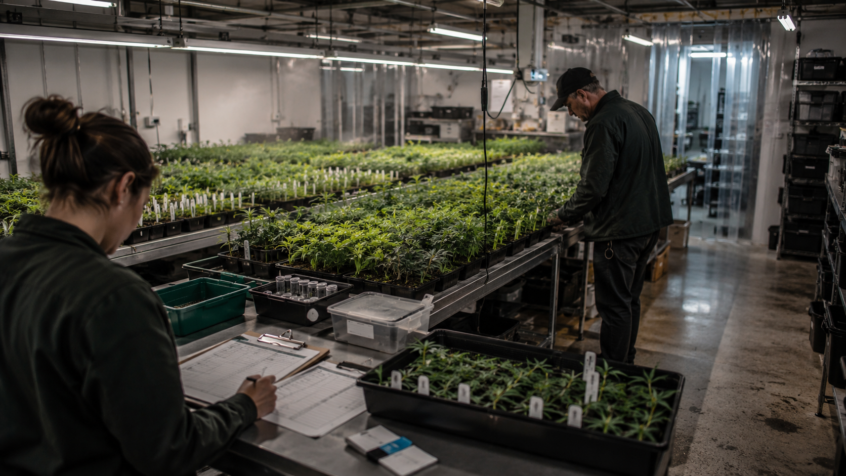 Cannabis cultivation workers inspect young plants and review tracking records inside a propagation facility, illustrating federal hemp restrictions affecting clones, genetics, compliance, and cultivation planning.