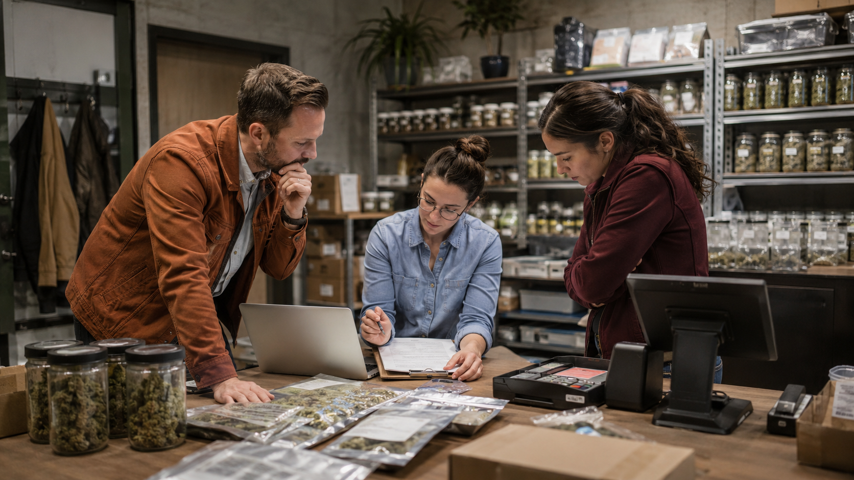 Cannabis employees review inventory records, point-of-sale data, and compliance paperwork in a retail back room, illustrating margin pressure from Michigan’s cannabis tax increase.