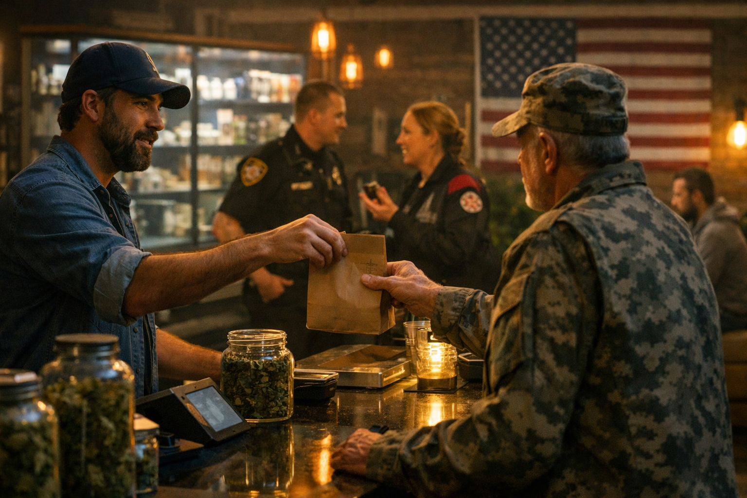 Customer receiving a cannabis purchase at a dispensary counter with first responders in the background, illustrating one year of legal adult use cannabis sales in Colorado Springs and the public revenue generated from the market.