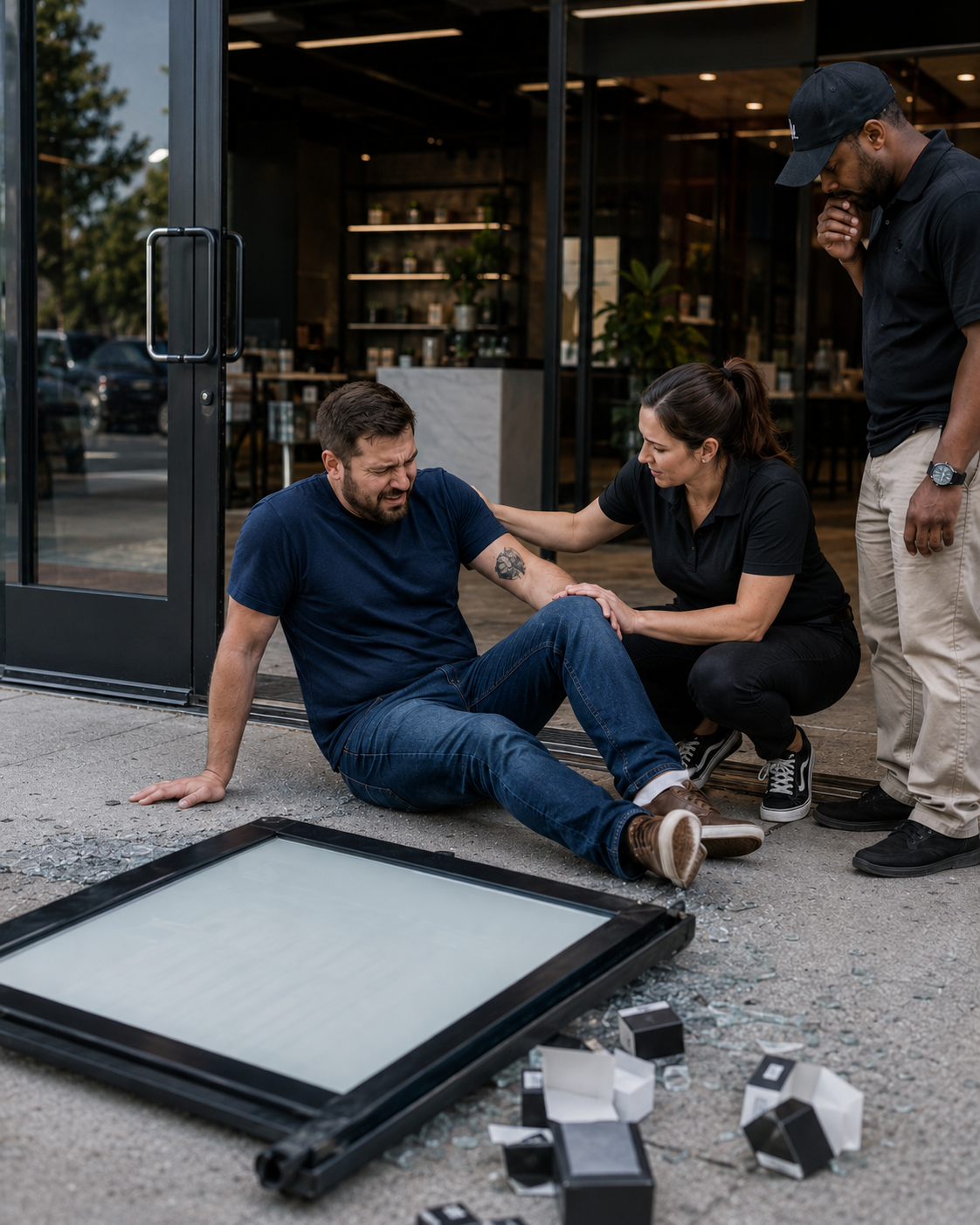 A person is sitting outside a store, appearing to be injured, with two people assisting him. One person is kneeling and holding his arm, while another stands nearby observing. Broken items and shattered glass are scattered on the ground.