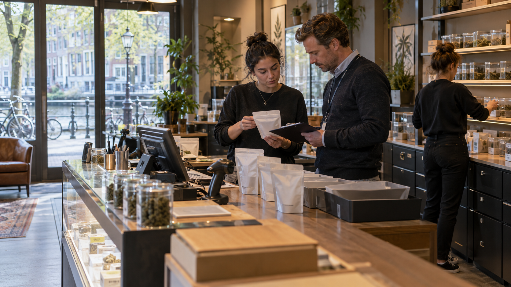 Cannabis retail staff reviewing packaged products and compliance records under the Netherlands regulated adult-use pilot for participating coffeeshops.