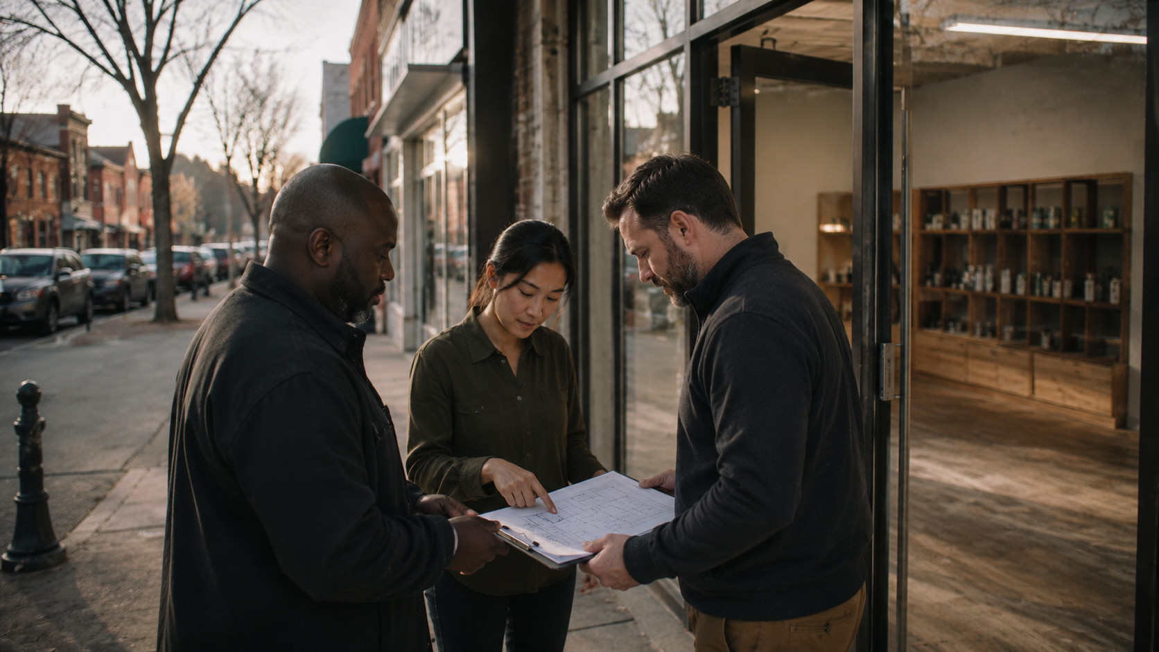 Cannabis operators review paperwork and packaged product outside a facility, illustrating licensing strategy, market access planning, and operational readiness ahead of Virginia’s adult use retail rollout.