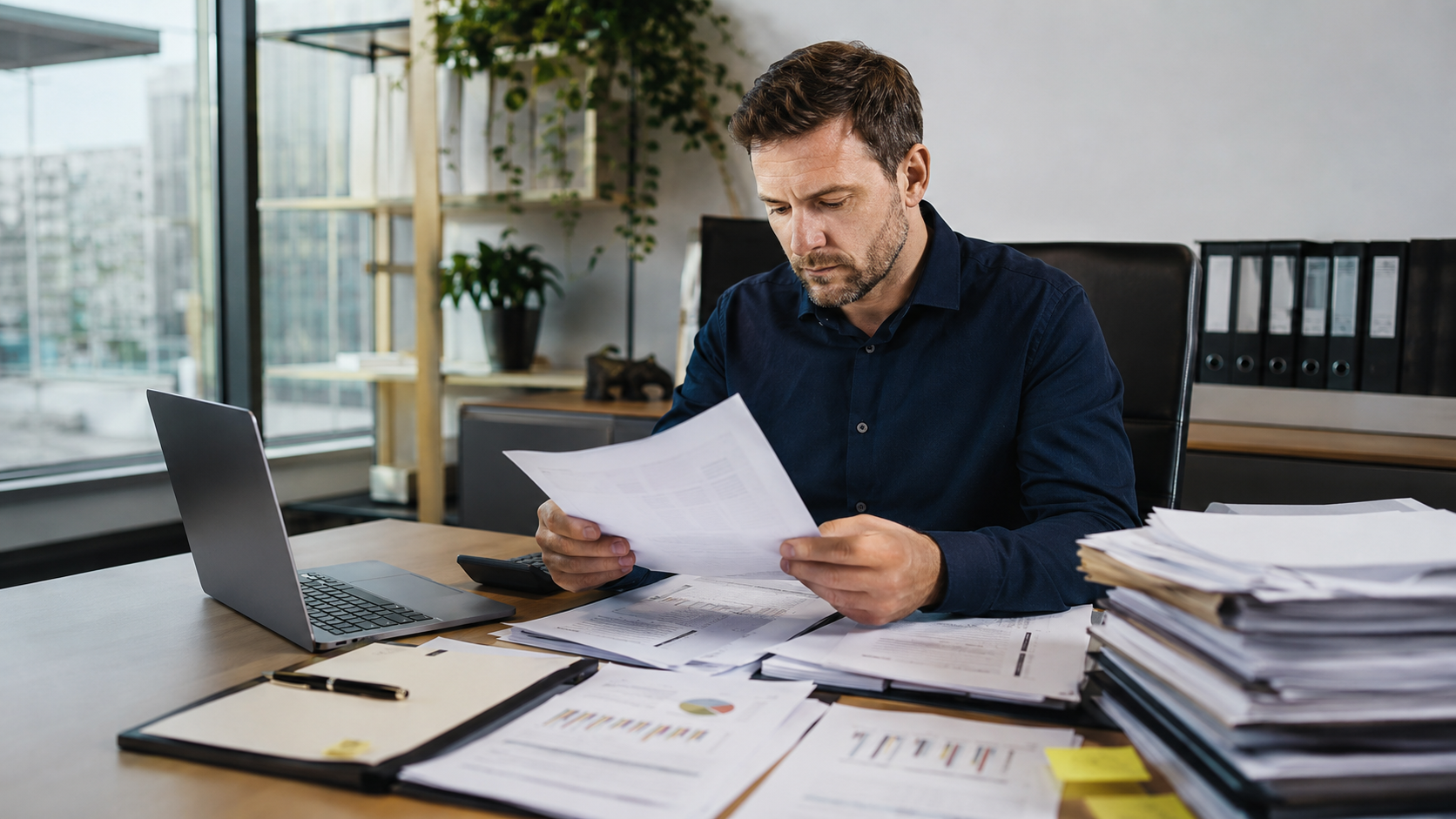 Cannabis business owner reviews payment processing paperwork, insurance files, and compliance documents after legal concerns involving cashless ATM transactions and fee disclosures.