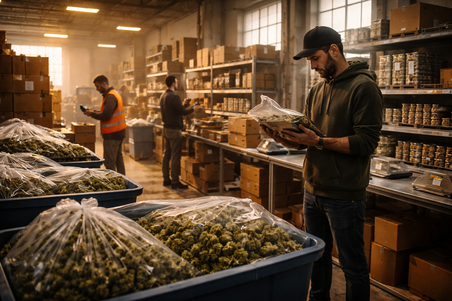 Workers inspecting and packaging wholesale cannabis flower inside a Canadian distribution warehouse.