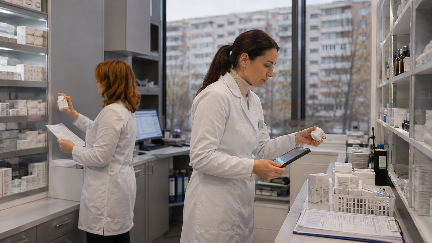 Two pharmacy staff members review medical products, inventory, and dispensing records inside a licensed pharmacy, illustrating Ukraine’s first legal medical cannabis patient access and regulated pharmacy handling.
