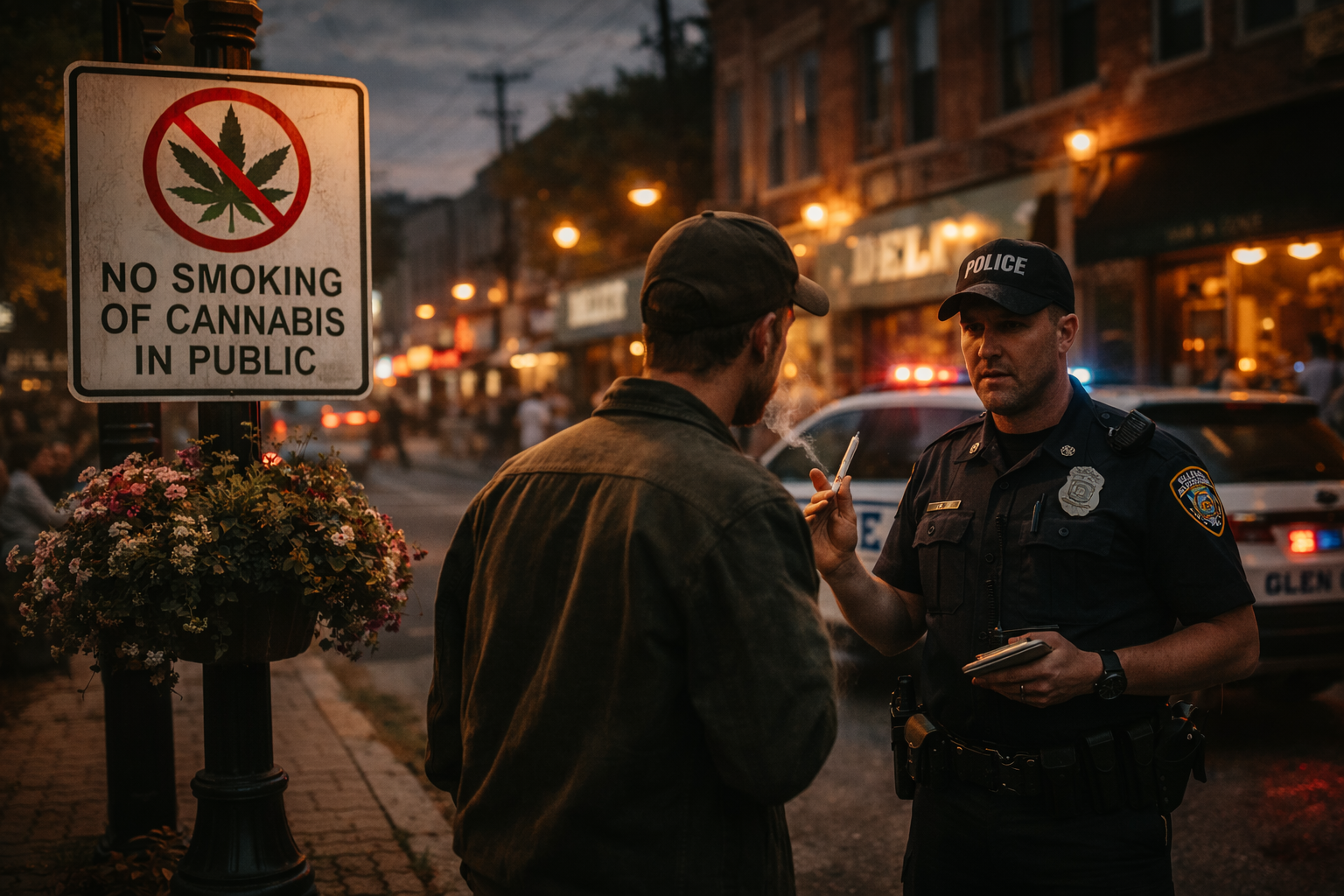 Police officer enforcing a public cannabis smoking ban in Glen Cove, New York, representing increased local regulation of cannabis use in public spaces.